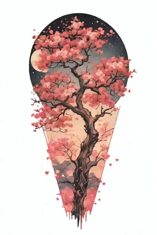 Sakura Tree With Moon Offset In Background