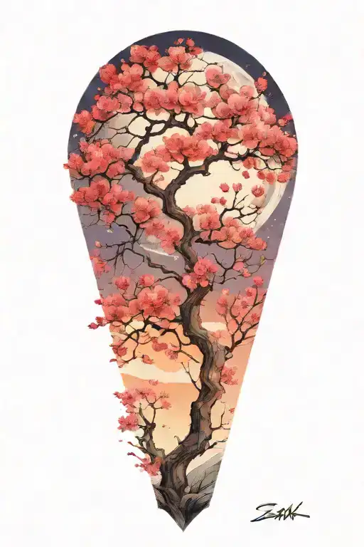 Sakura Tree With Moon Offset In Background