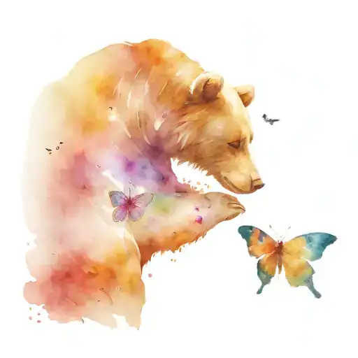 A Bear Sitting Down With A Butterfly Landing On Its Finger
