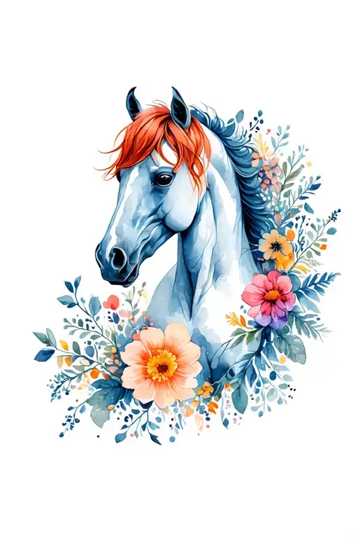 Red -Haired Horse In Flowers With Cosmic