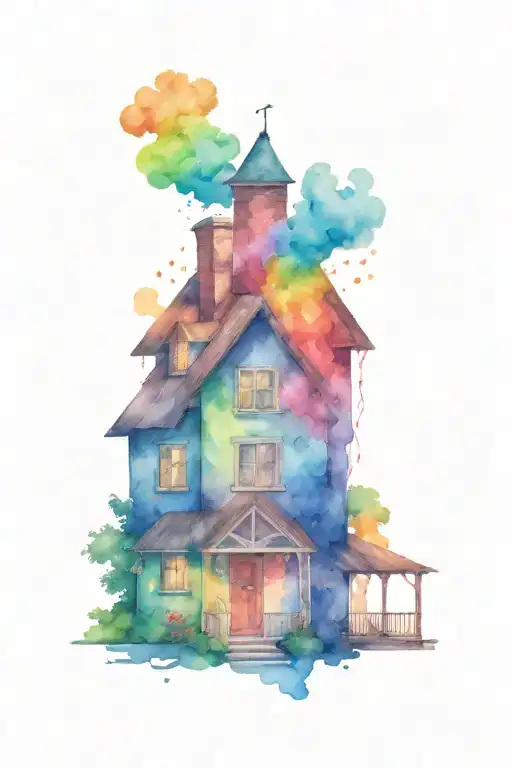 House With A Rainbow Smoke Coming From The Chimney