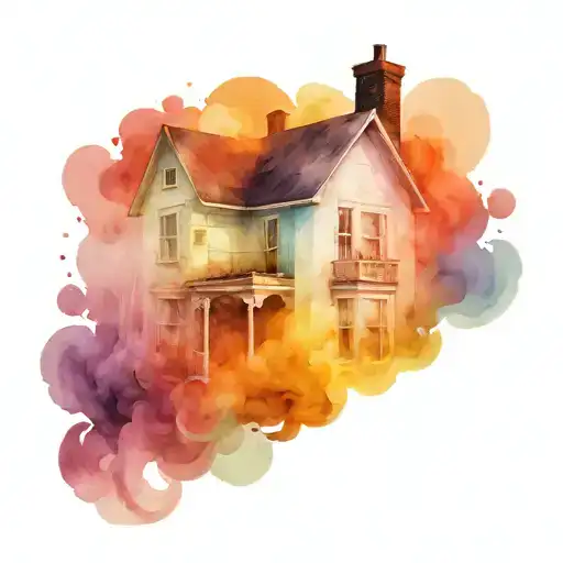 Black-and-white House With Smoke Coming Out Of The Chimney With The Rainbow Colors