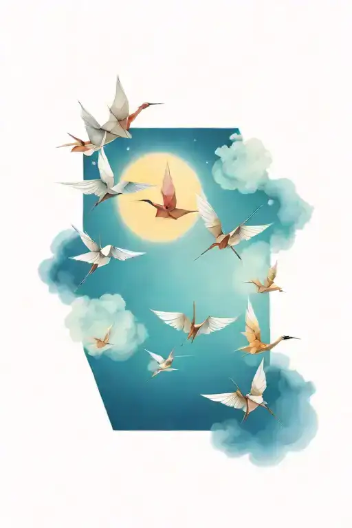 Origami Cranes Flying Into A Sunset Sky