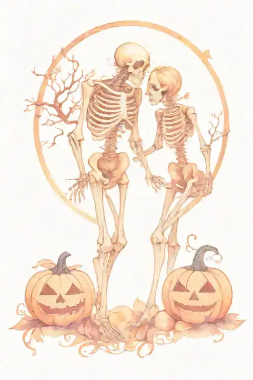 Tarot Card The Lovers And Pumpkins Skeletons Orange