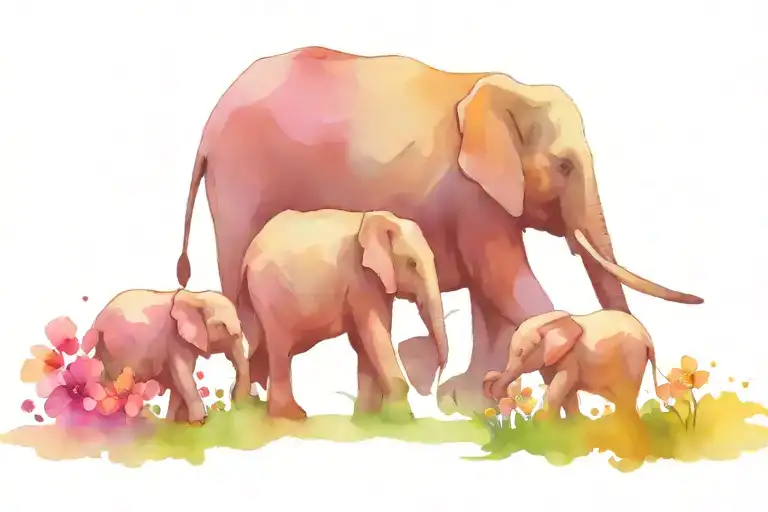 Elephant Family Of 3 Walking On Road Of Flowers Blooming