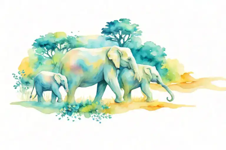 Elephant Family Of 3 Walking On Flowery Road