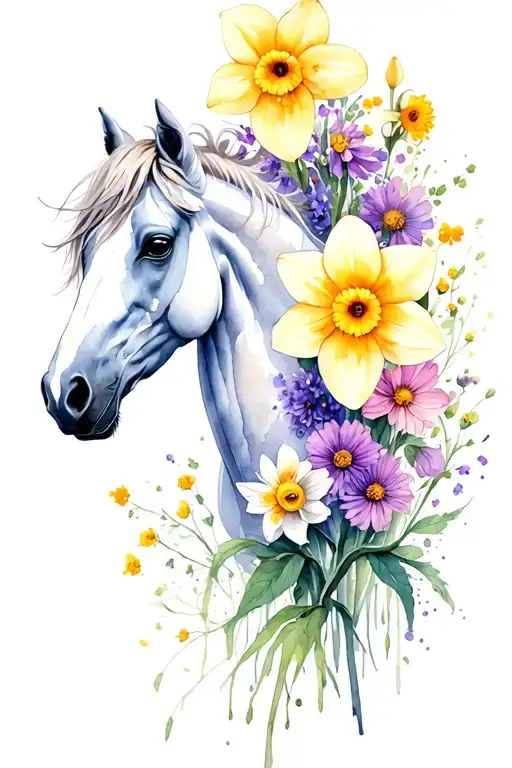 Daffodil And Aster Intertwined Around Horse