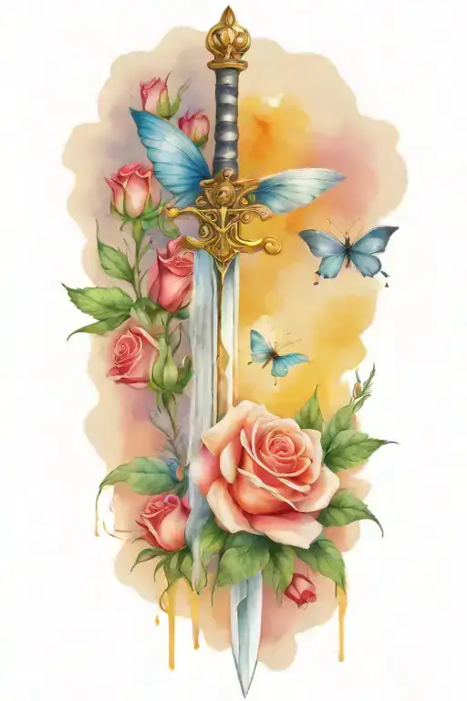 Sword With Roses Around It With A Small Butterfly On The Rose