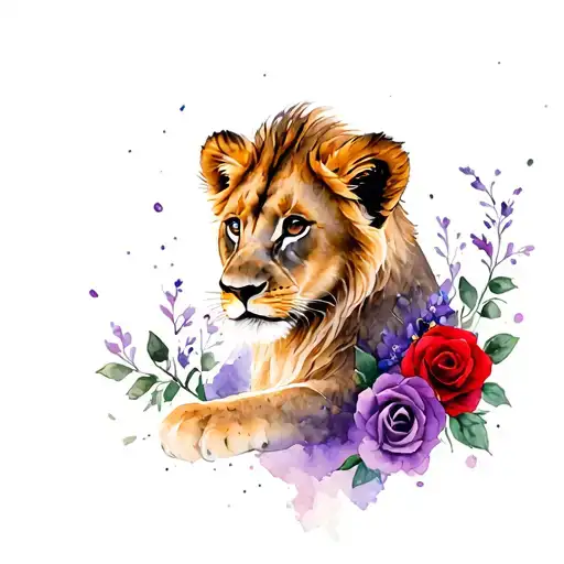Lion Cub With Red Roses And Purple Flowers