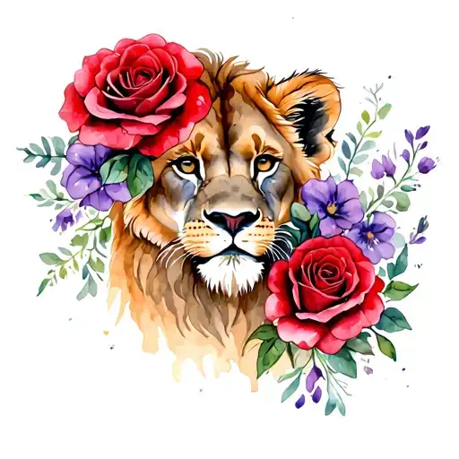 Lion Cub With Red Roses And Purple Flowers