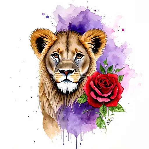 Lion Cub With Red Roses And Purple