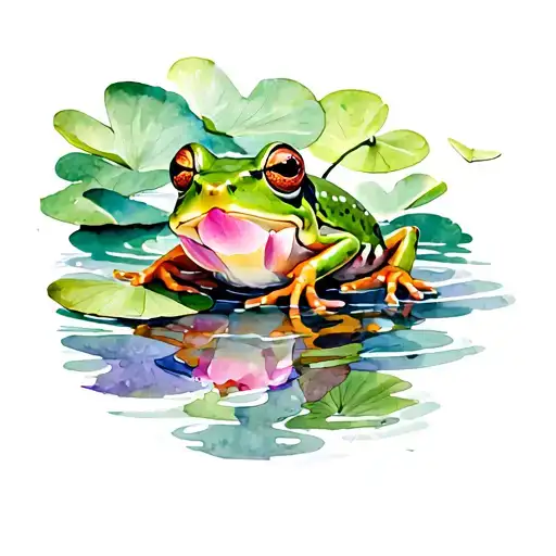 Frog On A Lotus In Water And Lily Pads