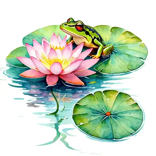 Frog Sitting On A Pink Lotus Flower In Water And Lily Pads