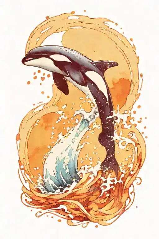 Killer Whale Tail Splashing Out Of Water Waves With Watercolor