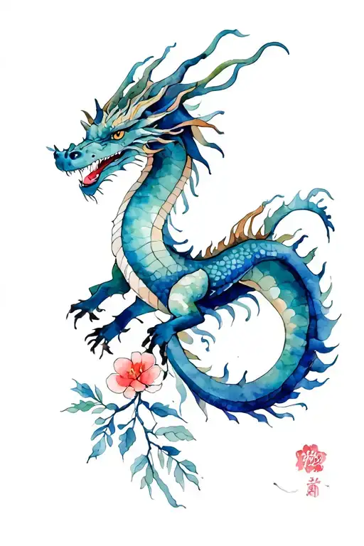 Dragon And Flowers And Branches Of Plants