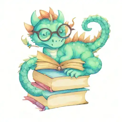 Cute Dragon With Reading Glasses On A Stack Of Books Reading
