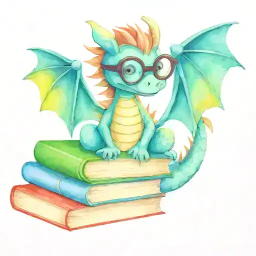Cute Dragon With Reading Glasses On A Stack Of Books Reading In A Garden