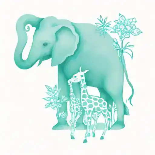 A Tattoo Design Featuring A Giraffe And An Elephant Cooking Together In A Whimsical Kitchen Setting