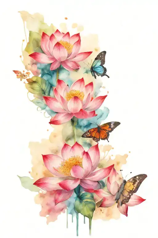 Lotus Flowers And Butterflies Flying