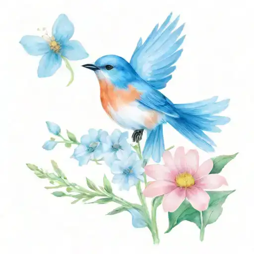 Bluebird Flying With A Pink Daisy In Its Beak Open