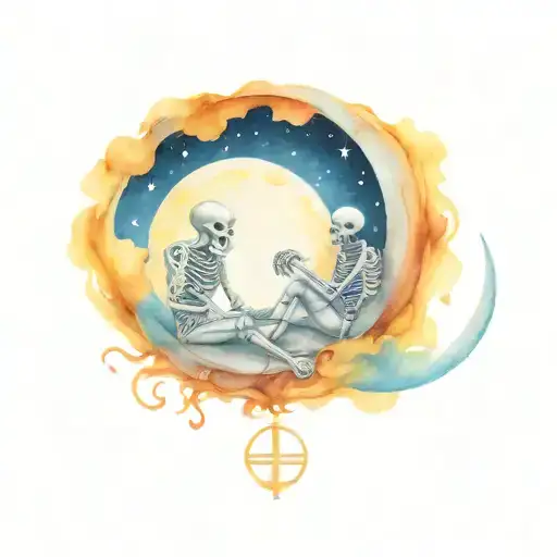 Skeleton Couple Sitting On Moon Surrounded