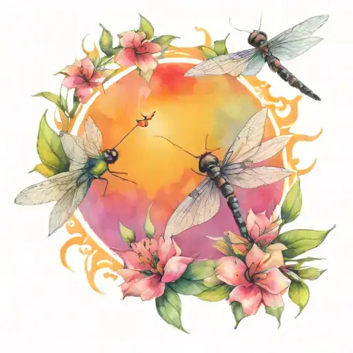 Dragonfly With Hummingbirds Flying Around A Sun