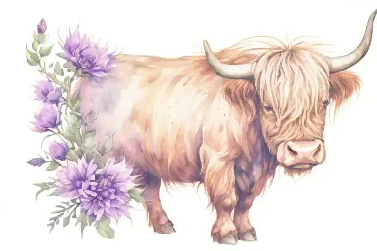 Highland Cow With Thistle Flowers