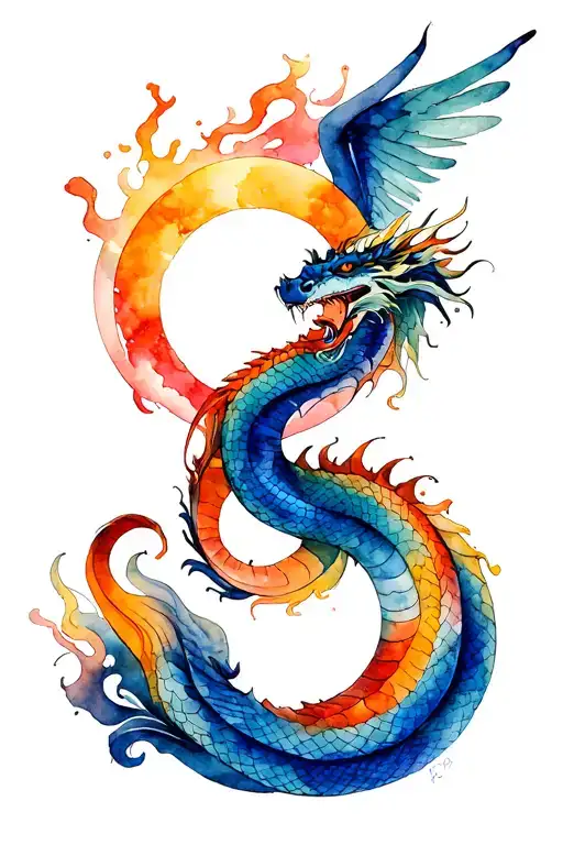 Draw A Sketch Of A Tattoo Where The Circle Of Yin-yan Douses A Snake And A Dragon With Wings
