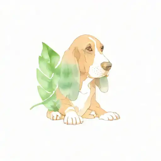 Basset Hound With Monstera Leaf Intertwined