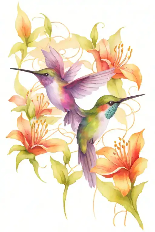 Hummingbird With Lily Flowers And Lines