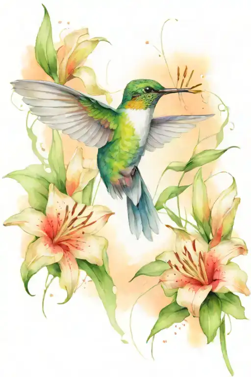 Hummingbird With Lily Flowers And Lines