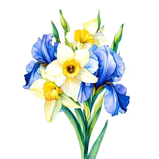 Iris And Daffodil Cluster In Watercolour Soft Memory Love