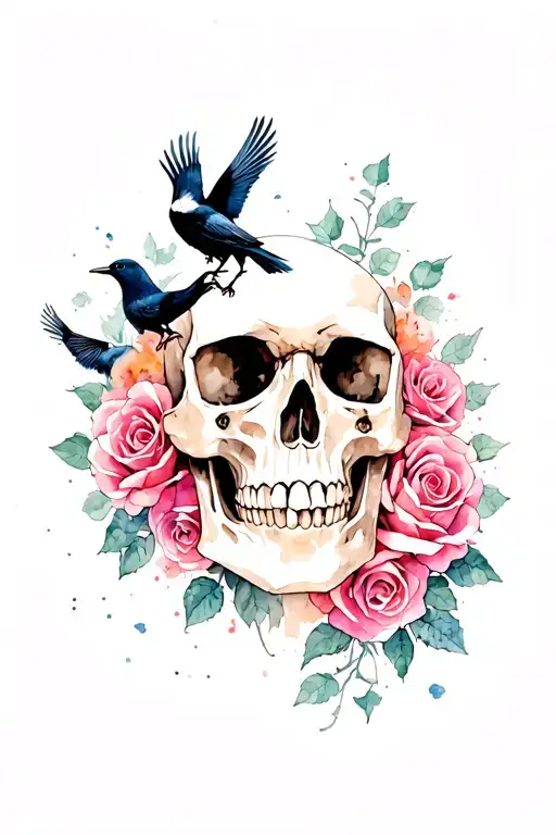 Skull With Roses And Crows