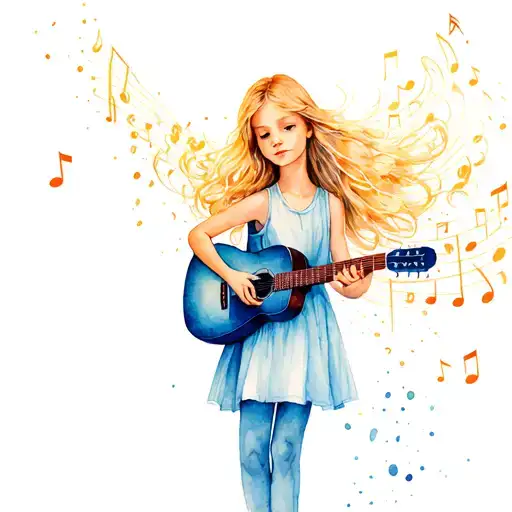 10 Year Old Blonde Girl Playing Guitar Strings Transforming Into Musical Notes