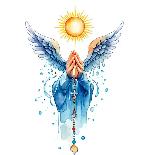 Praying Hands Holding Rosary Beads With Angel Wings And Water And Sun
