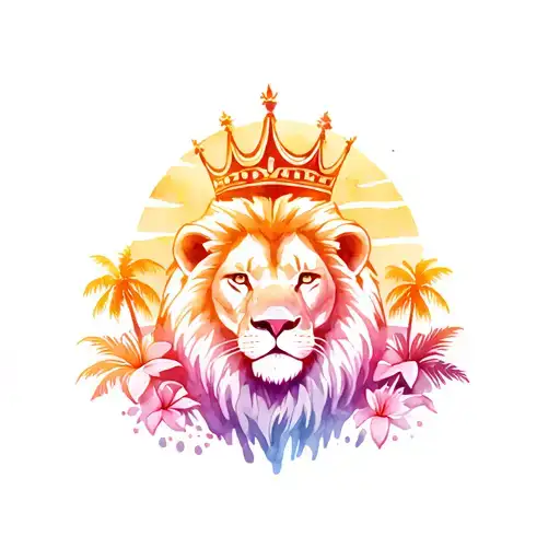 Lion With A Crown Surrounded By Palm Trees And Lillies And Sunshine