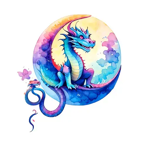 Pastel Dragon Sitting On The Moon With A Snake Entangled On Tail