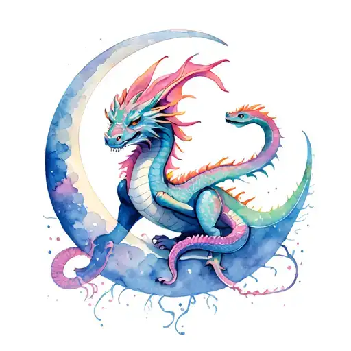 Pastel Dragon Sitting On The Moon With A Snake Entangled On Tail