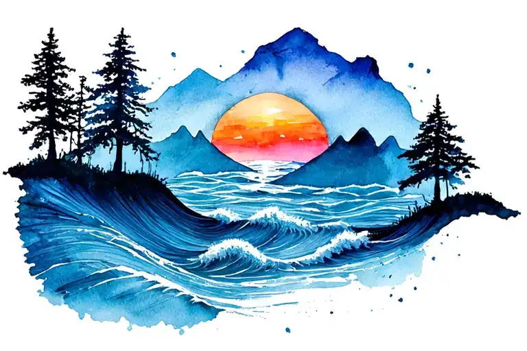 Red String Mountains Sunset Ocean Waves Trees Tree Of Life