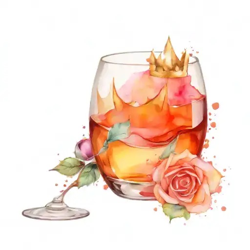 Feminine Tattoo Featuring A Crown And A Glass Of Wine