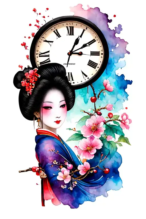 Broken Clock With A Geisha And Cherry Flowers