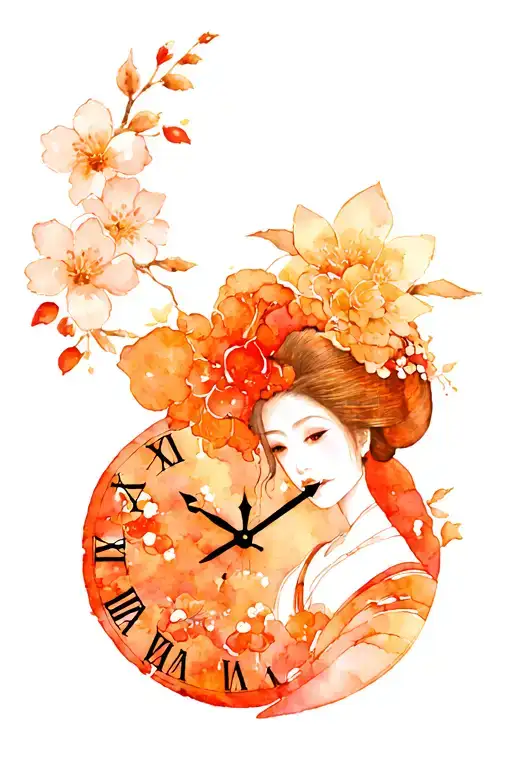 Broken Clock With A Back Geisha And Cherry Flowers