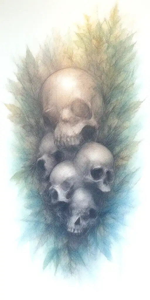 3 Skulls And Forest Leaves With A Weasle