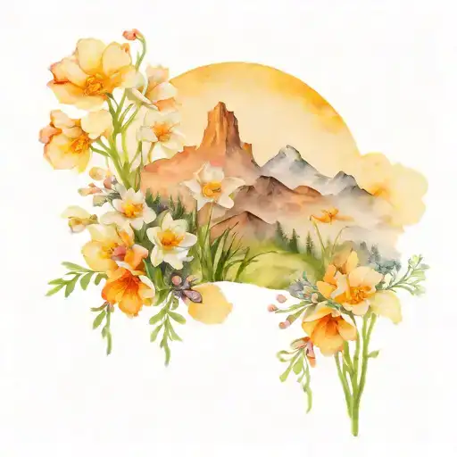 A Galaxy-themed Mountain Range With Narcissus And Poppy Flowers Intertwined In The Design