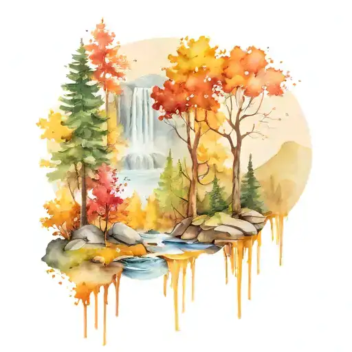 Mountains With Fall Color Trees And Waterfalls Flowing