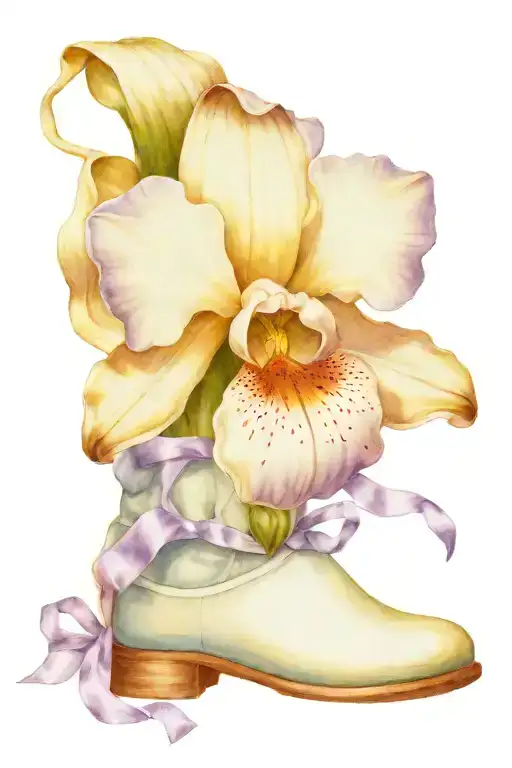 Blue Bonnet Flower Crossing A Slipper Orchid With A Lilac Colored Bow Tied Together