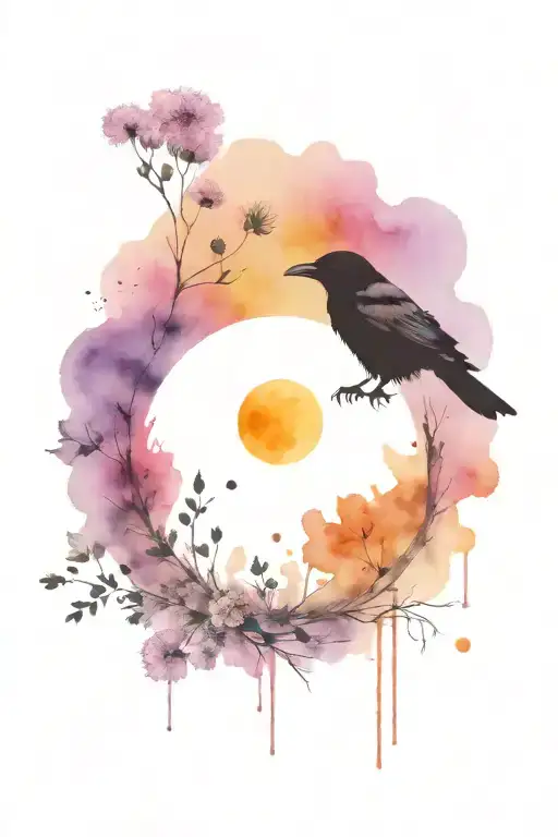 Raven With Dandelions And Moon Phases