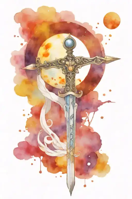 Sword With Libra Scale On Handle And Solar System On The Blade