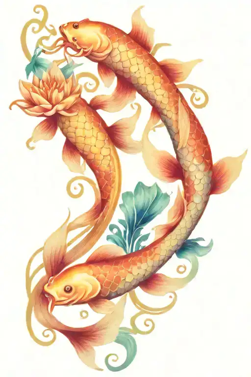 Side Tattoo Full Color Koi Fish And Lotus Flowers Tribal Swirls
