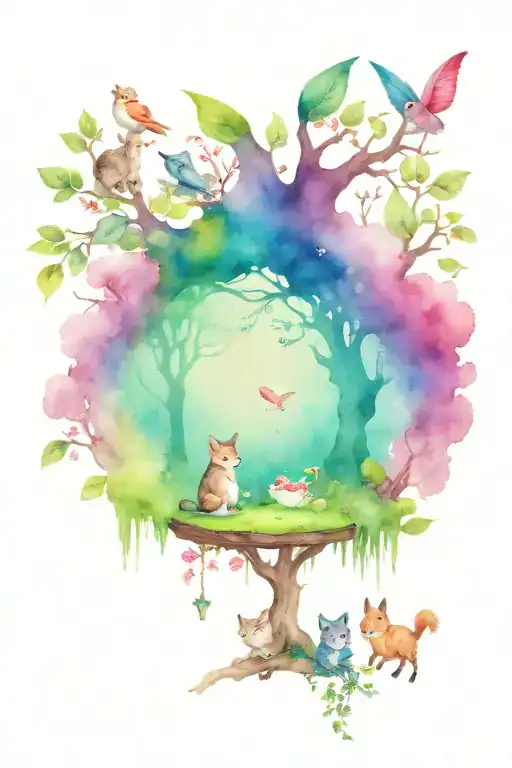 Forest Animals Having A Tea Party Under A Fairy Tree